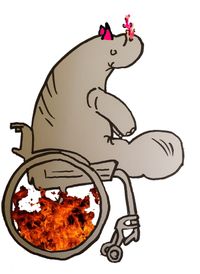 Vorstellungsbild von Seekuhteufelchen. Es ist eine im Rolli sitzende Seekuh mit kleinem Feuer aus der Nase und Teufelshörnchen auf dem Kopf.